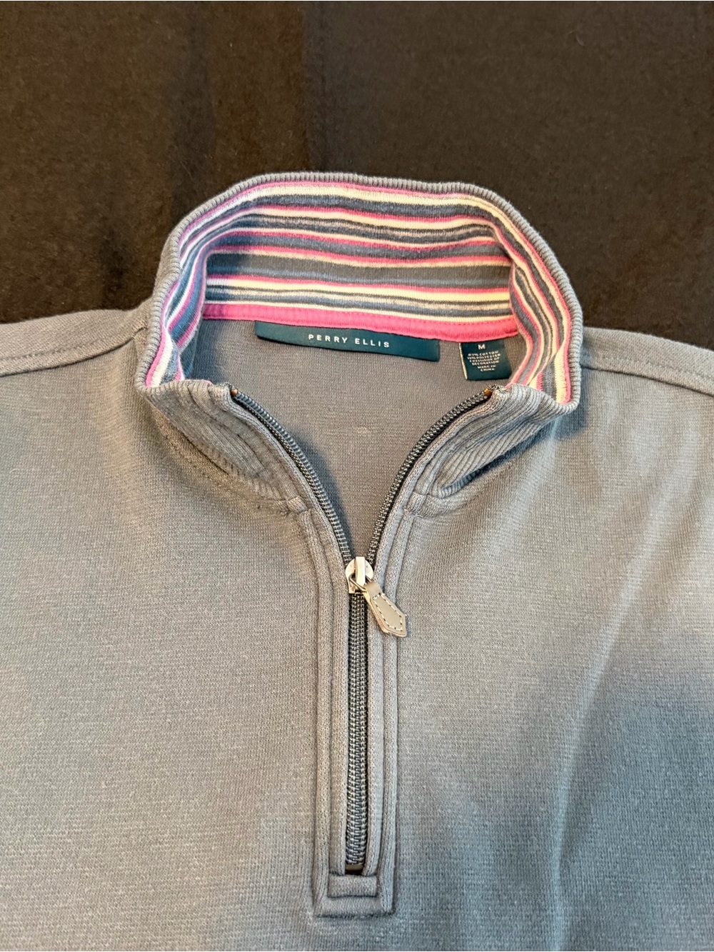 Perry Ellis Men's Teal Quarter-Zip Sweater with Striped Collar